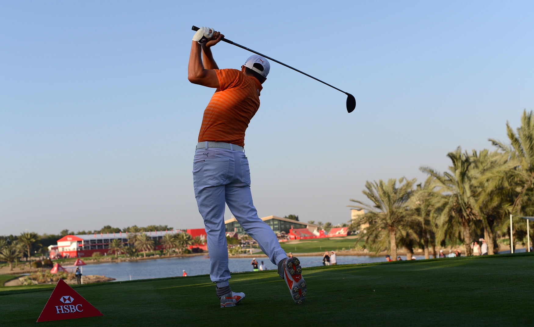 Rickie Fowler of the United States tees off at the 18th hole during the Abu Dhabi Golf Championship in Abu Dhabi, United Arab Emirates, Sunday, Jan. 24, 2016. (AP Photo/Martin Dokoupil)