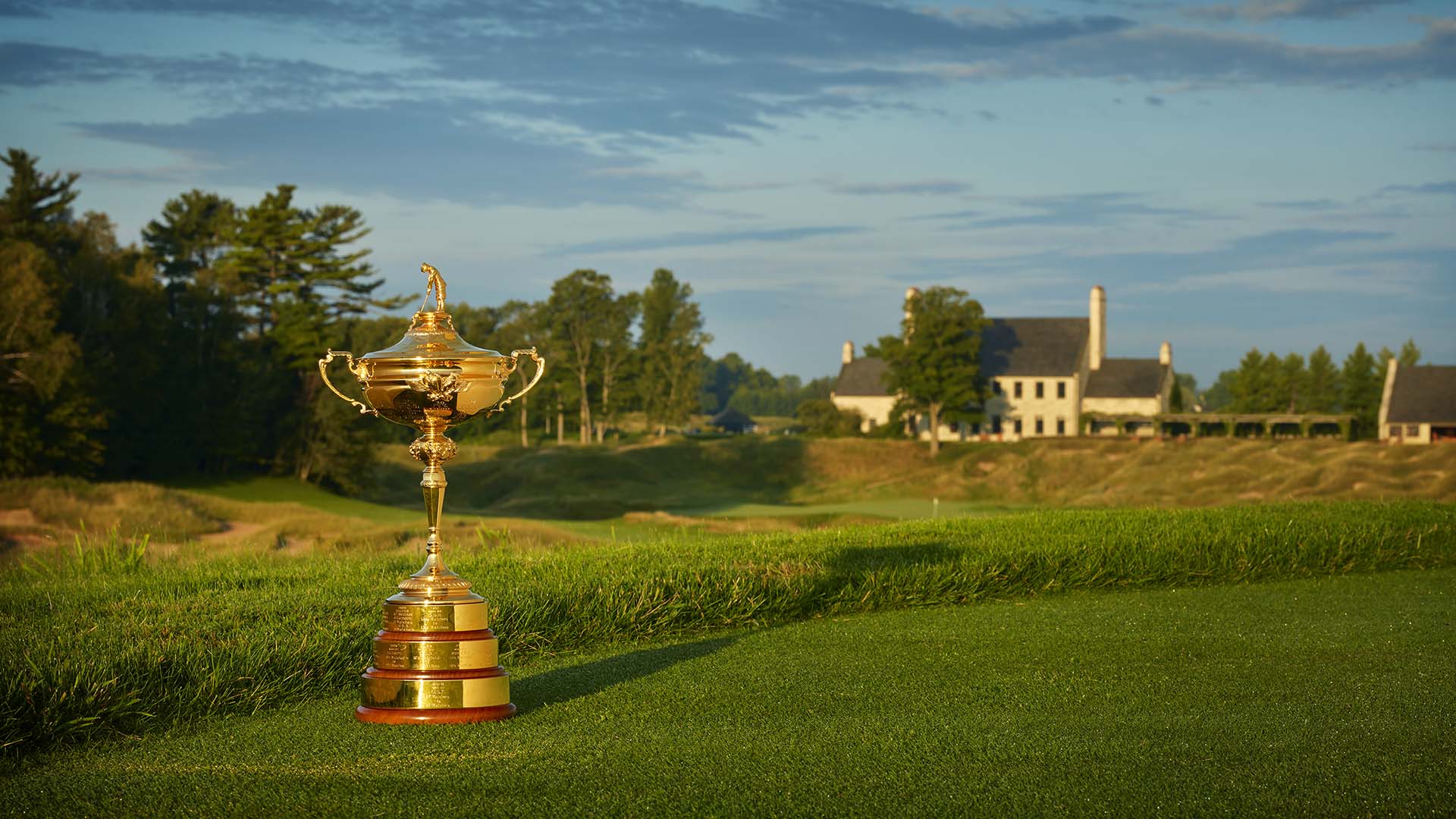SHEBOYGAN, WISCONSIN - OCTOBER 15: A view of the Ryder Cup Trophy at Whistling Straits Golf Course on October 15, 2018 in Sheboygan, Wisconsin. (Photo by Gary Kellner/PGA of America via Getty Images)